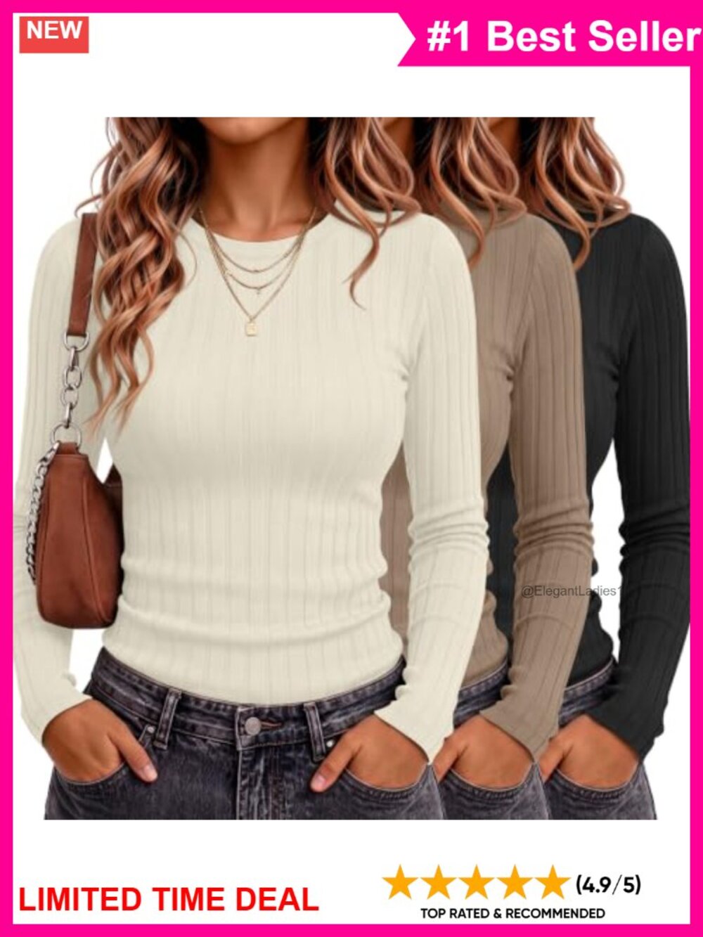 3 Pack Womens Long Sleeve Cotton Ribbed Tops Slim Fit Crewneck Tees